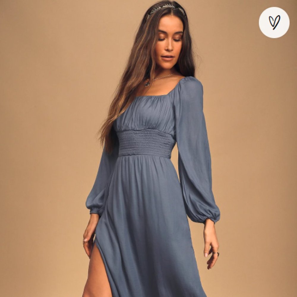 Moonlit denim blue long-sleeve midi-dress